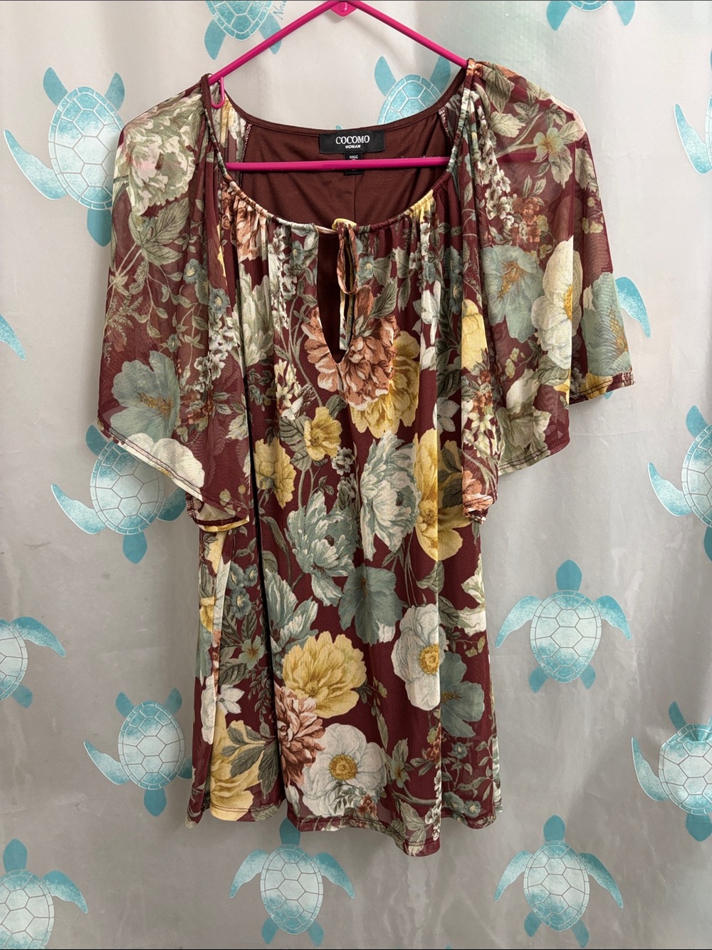 Cocomo Burgundy Floral Tie-Neck Flutter Sleeve Tunic Top